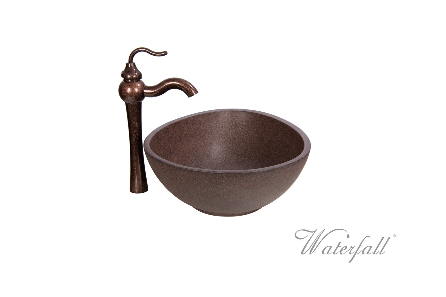 Brown Concrete Bathroom Vessel Sink Combo with Copper Faucet Antique Marble