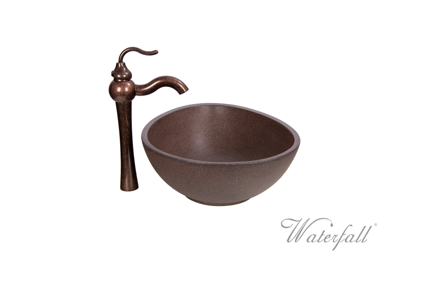 Brown Concrete Bathroom Vessel Sink Combo with Copper Faucet Antique Marble