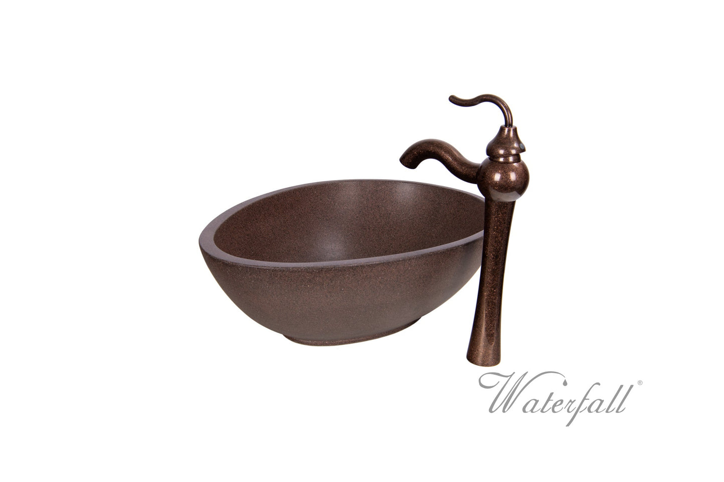 Brown Concrete Bathroom Vessel Sink Combo with Copper Faucet Antique Marble