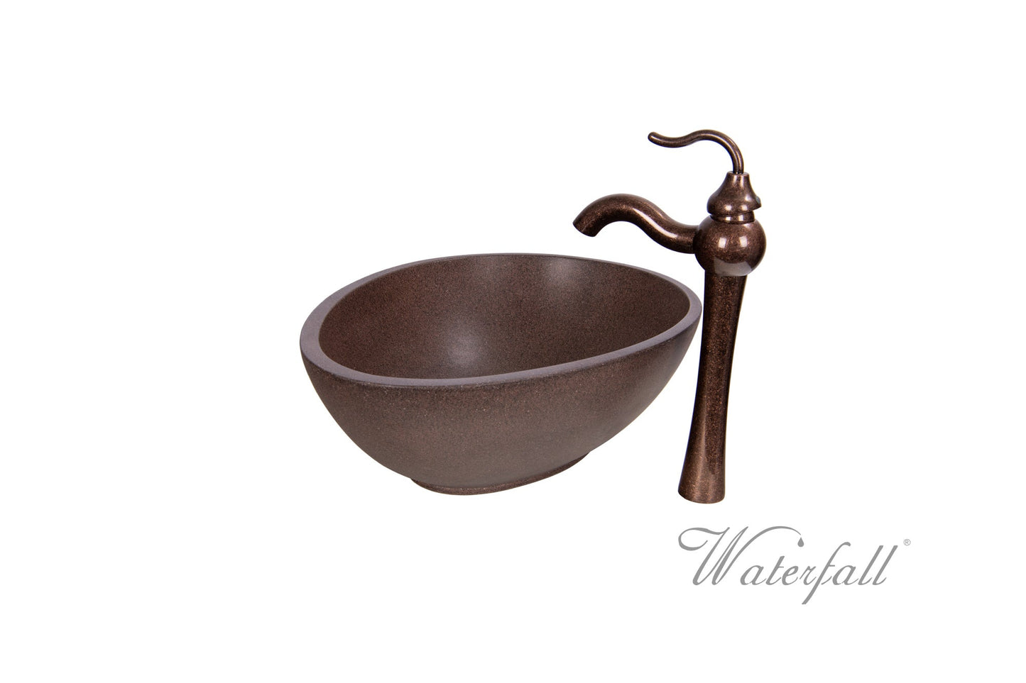 Brown Concrete Bathroom Vessel Sink Combo with Copper Faucet Antique Marble