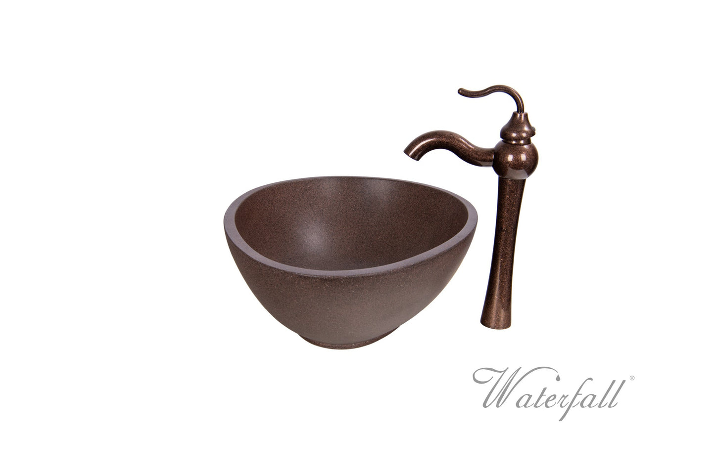 Brown Concrete Bathroom Vessel Sink Combo with Copper Faucet Antique Marble