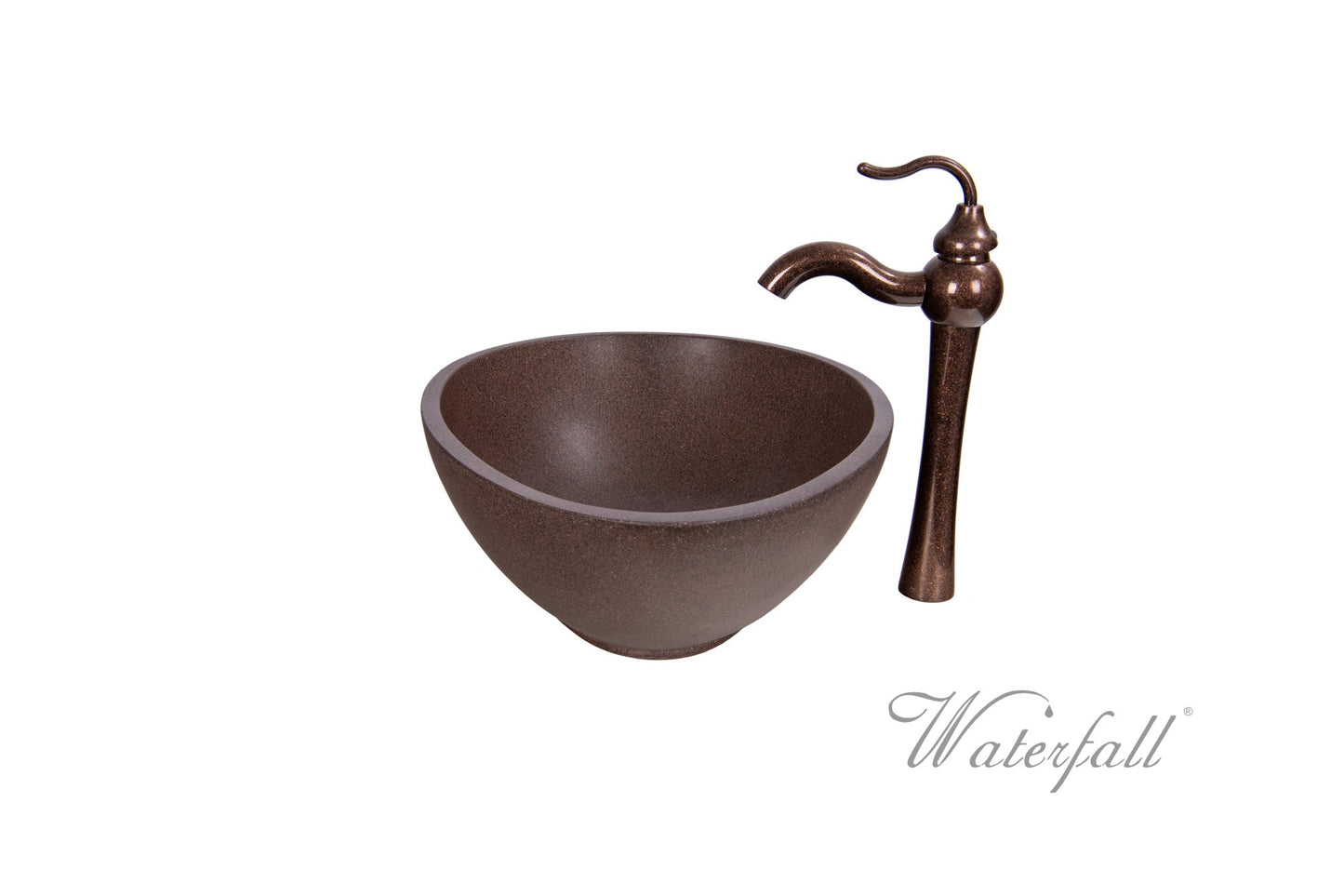 Brown Concrete Bathroom Vessel Sink Combo with Copper Faucet Antique Marble