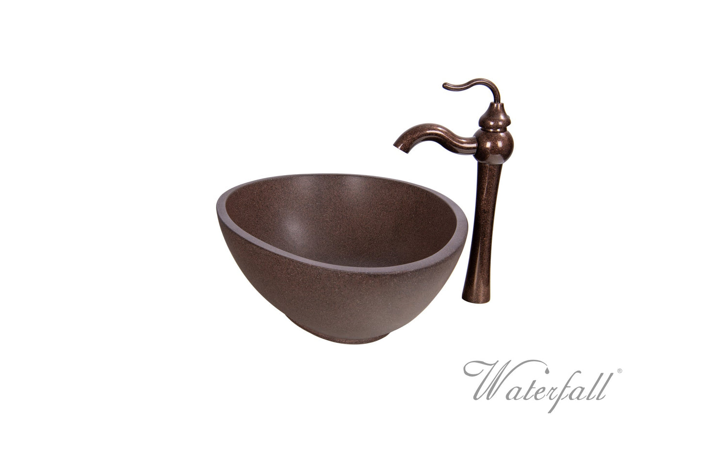 Brown Concrete Bathroom Vessel Sink Combo with Copper Faucet Antique Marble