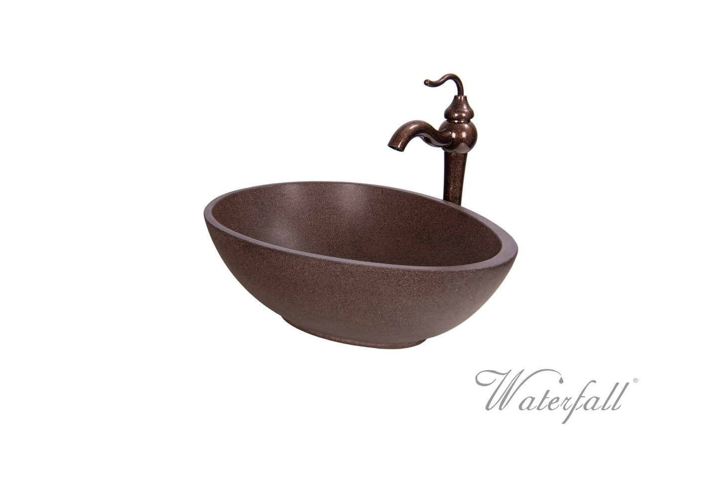 Brown Concrete Bathroom Vessel Sink Combo with Copper Faucet Antique Marble